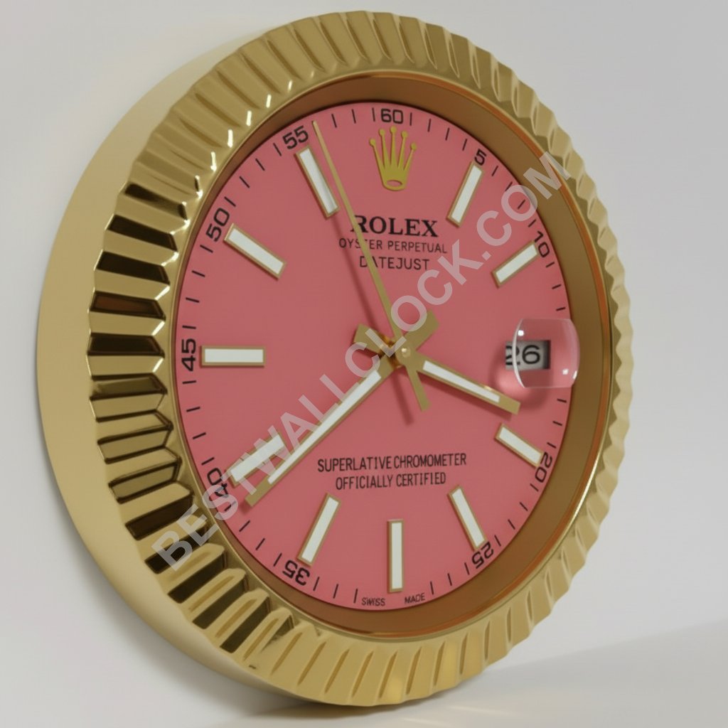Rolex Datejust Style – Dealer Display Wall Clock (Pink Dial / Fluted Gold) - Image 2