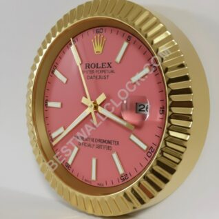 Rolex Datejust Stil – Dealer Display Väggklocka (Rosa urtavla / Ribbad guld)