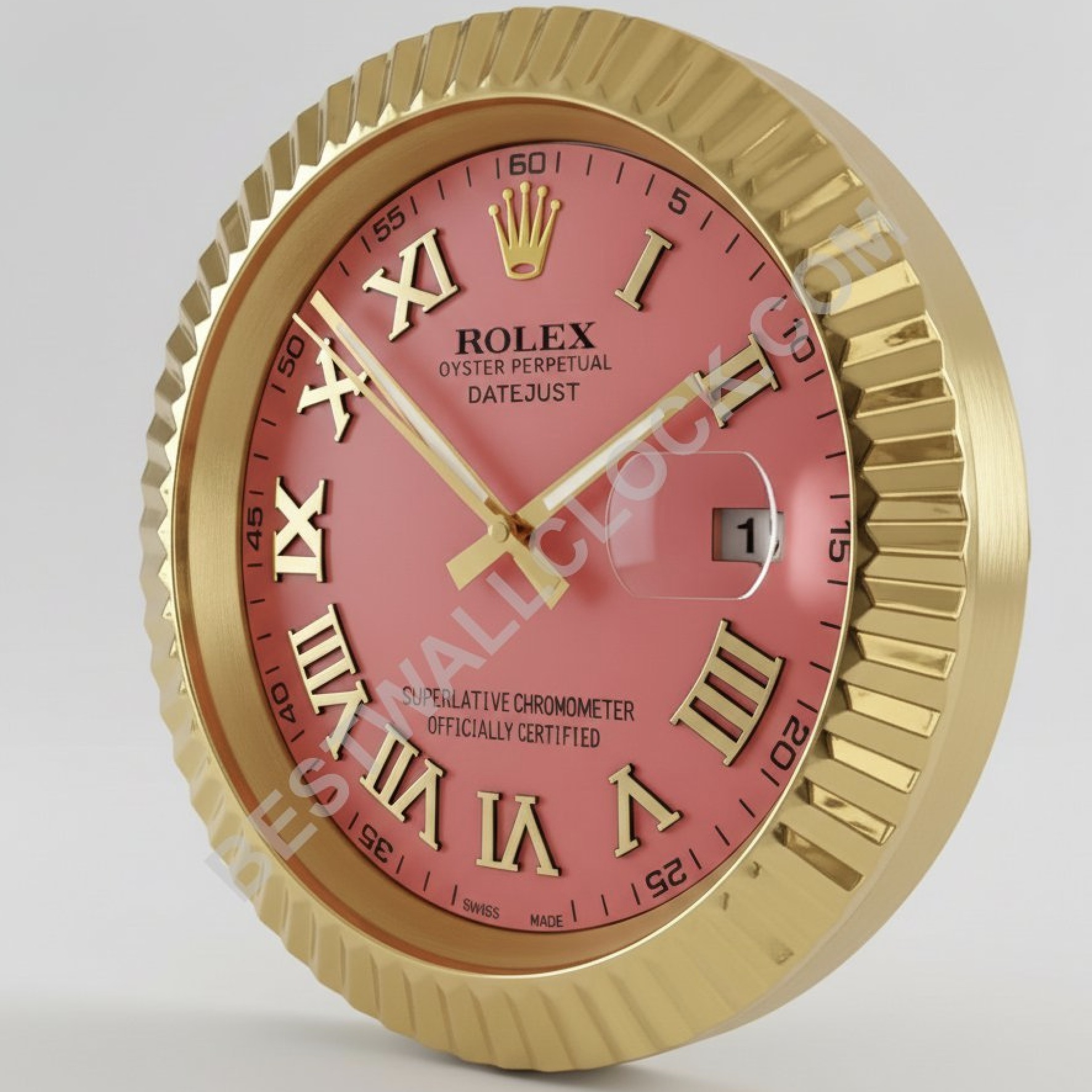 Rolex Datejust Style – Dealer Display Wall Clock (Pink Roman Fluted Gold)
