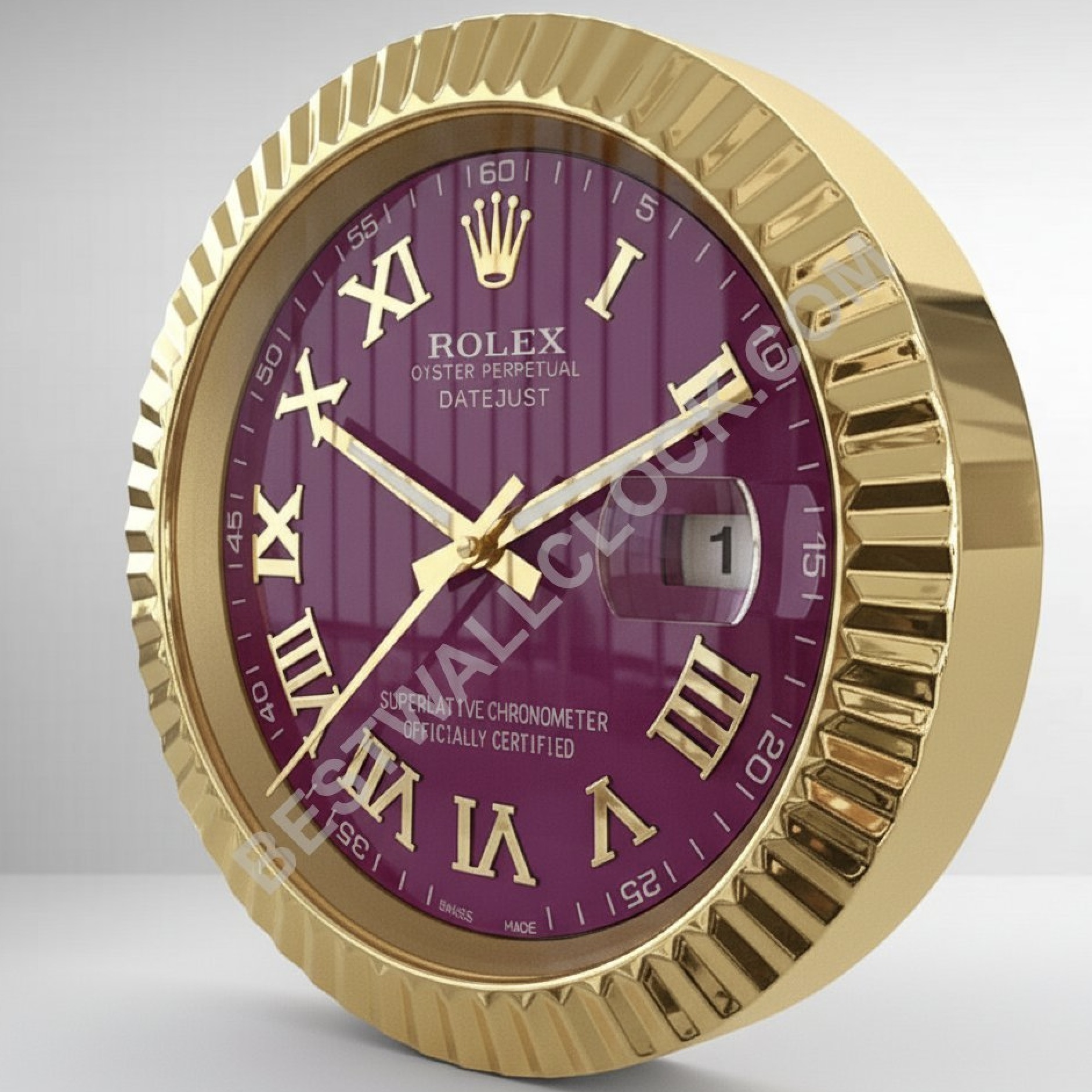 Rolex Datejust Style – Dealer Display Wall Clock (Purple Roman Fluted Gold)