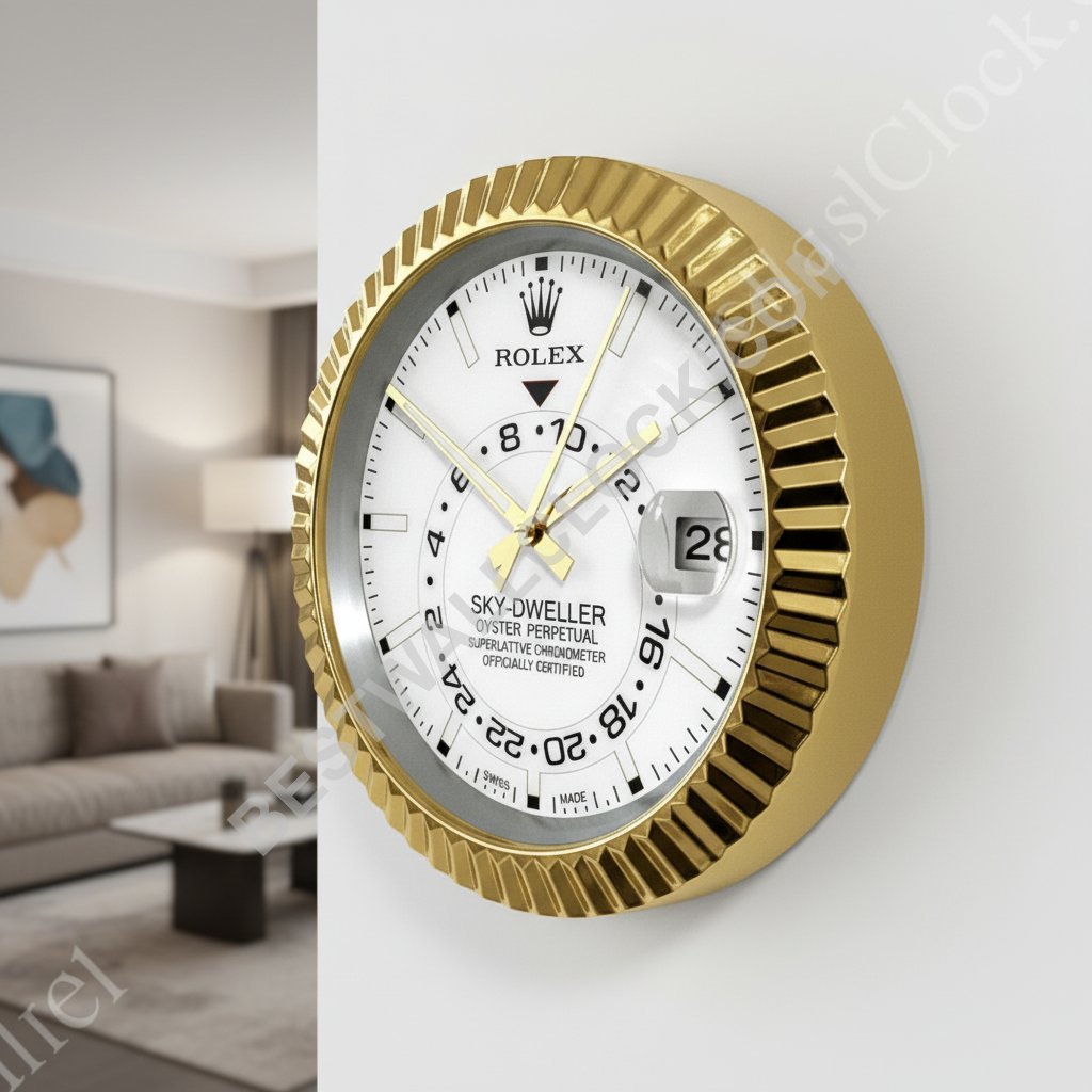 ساعة رولكس سكاي-دويلر "ذهبي وأبيض" – ساعة حائط لعرض الوكيل (إطار مخدد) - الصورة 6