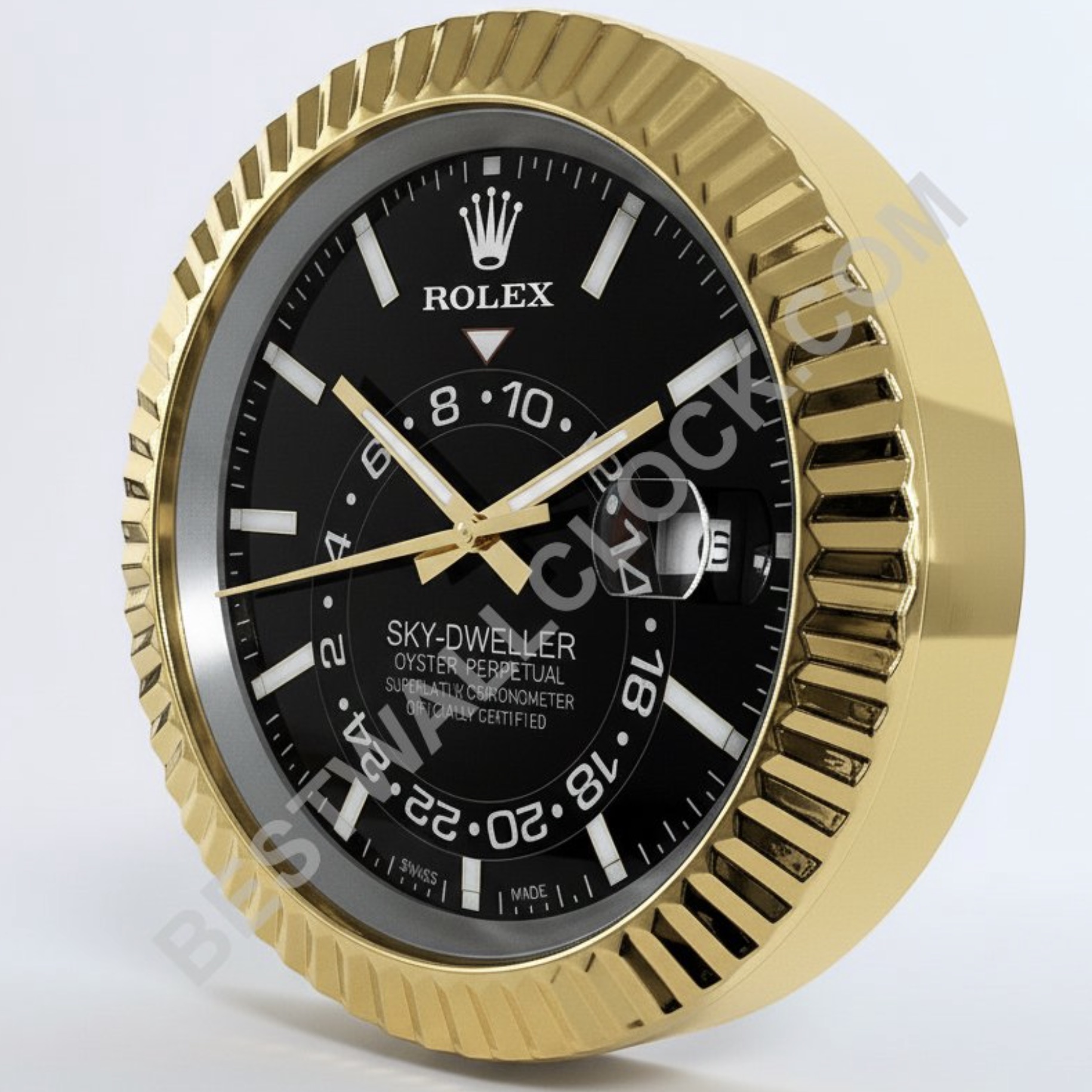 Rolex Sky-Dweller "Goud & Zwart" Stijl – Dealer Display Wandklok (Geribbelde Bezel)