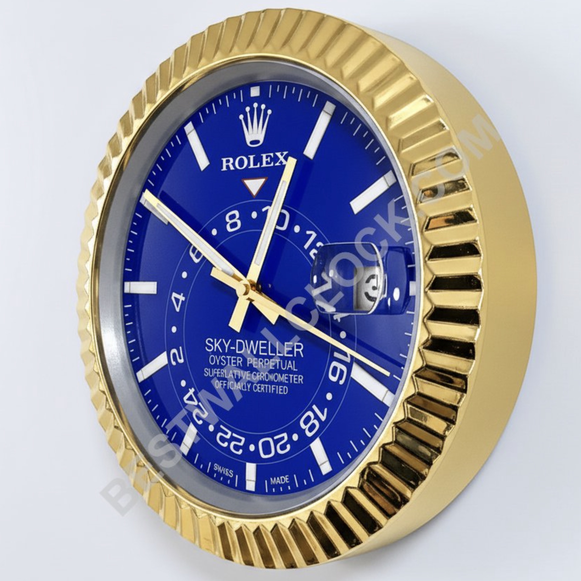 רולקס סקיי-דואלר "זהב וכחול" סגנון – שעון קיר תצוגת דילר ( bezel מקושט)