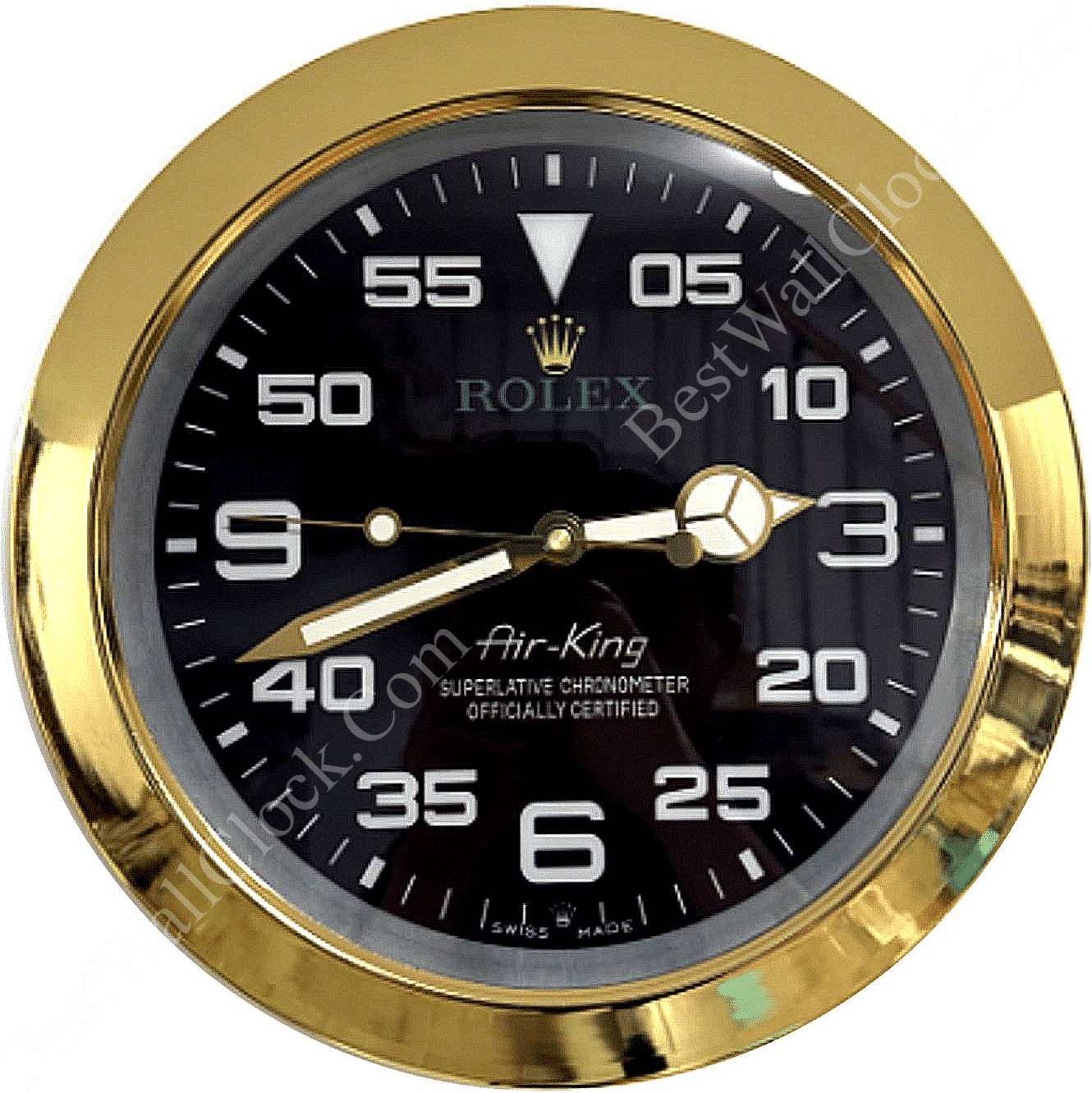 Rolex Air-King watch face with black dial, large white numerals marking minutes in increments of five, gold bezel, and white and gold hands showing time as about 02:41.