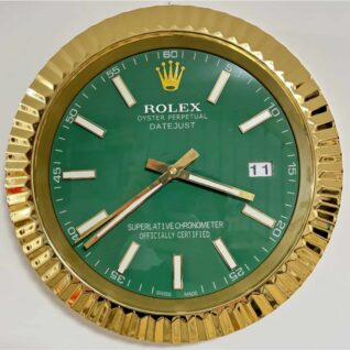 Rolex wall clock with a green face, gold fluted bezel, white and gold hour markers, gold hour and minute hands, and a date window showing 11, displaying the time as 3:39.