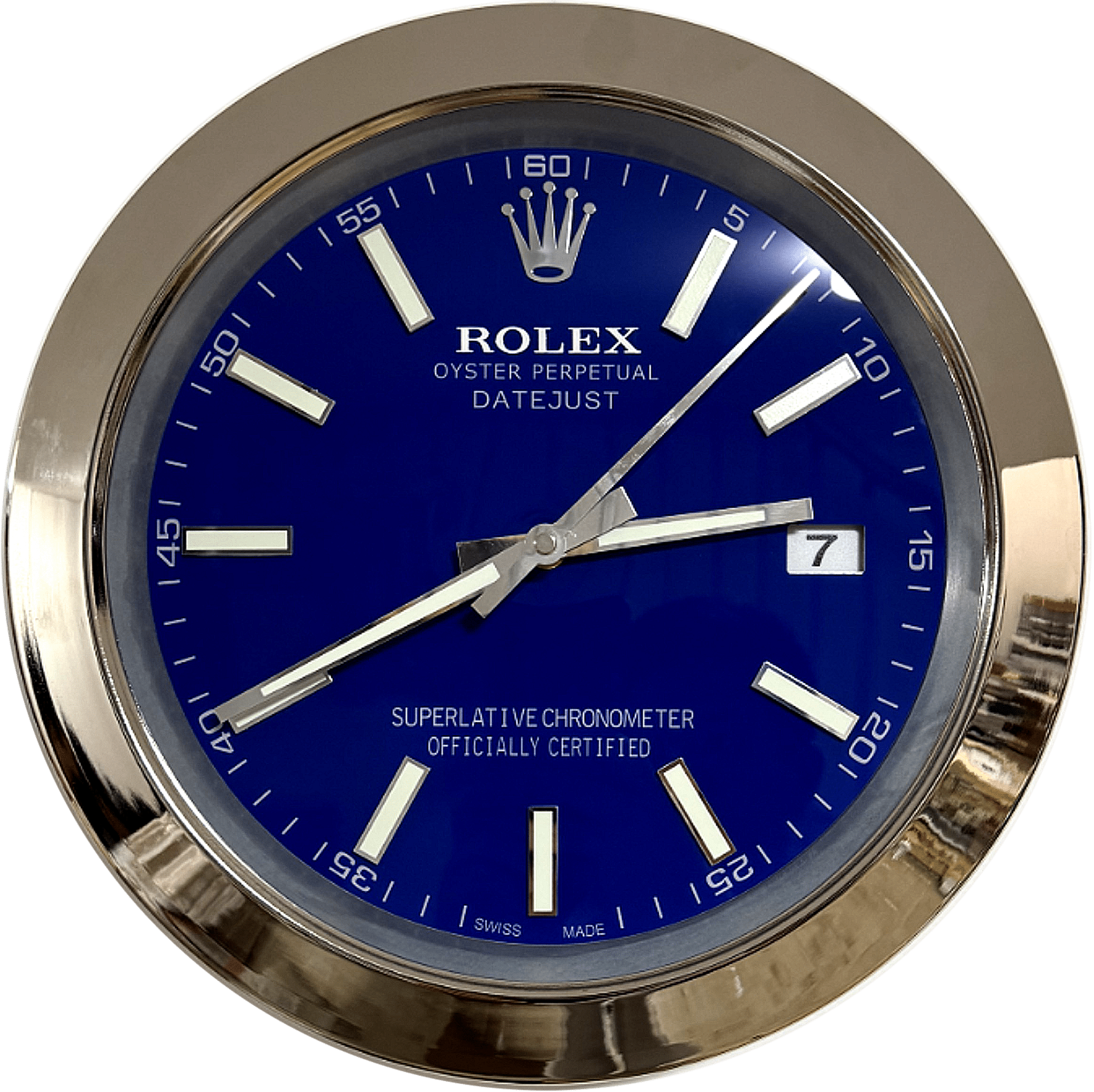 Close-up of a Rolex Oyster Perpetual Datejust watch face with a deep blue dial, silver hour markers, and silver hands showing the time as 3:42 and date as 7, encased in a shiny silver bezel.