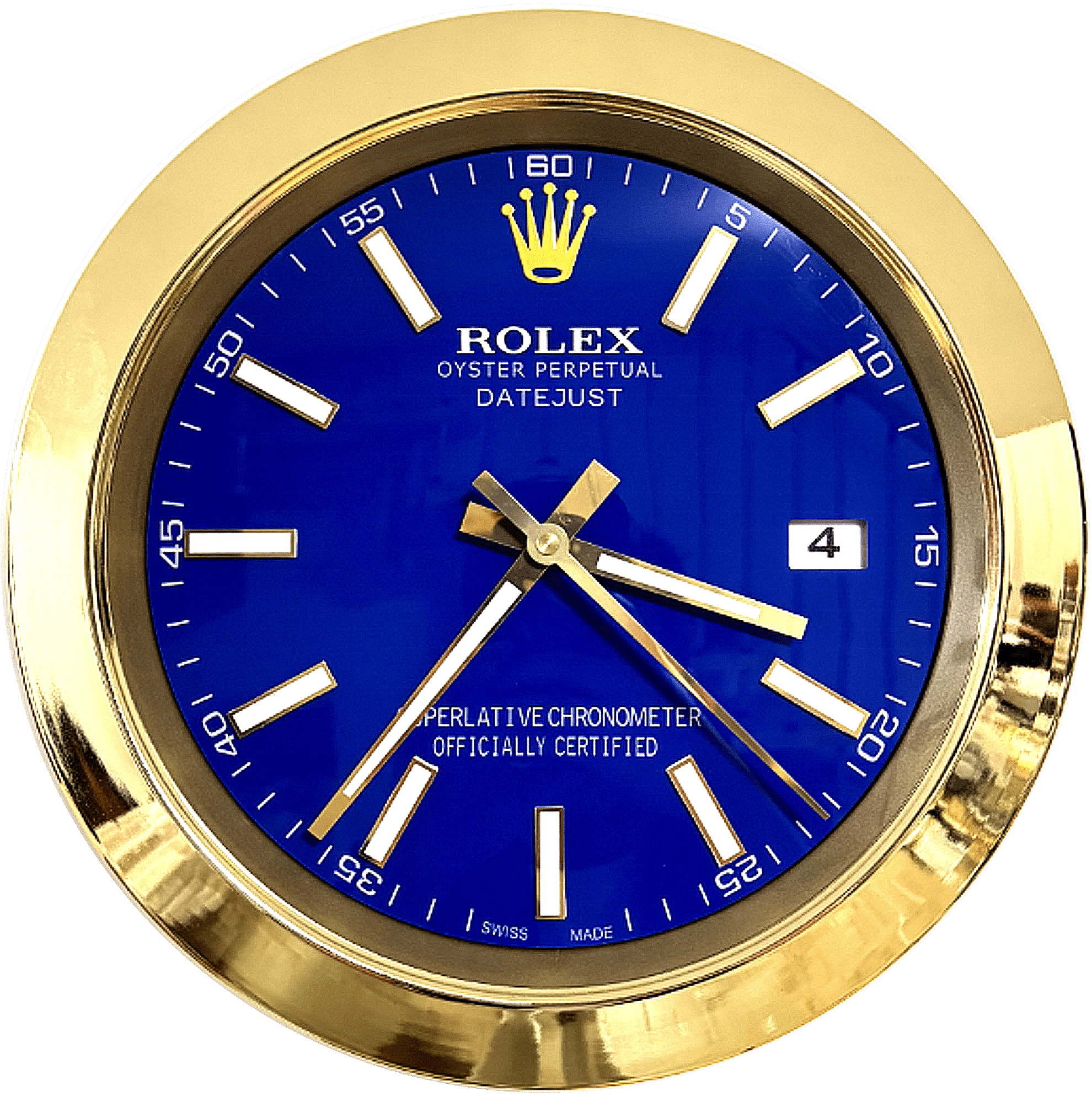 Close-up of a Rolex Oyster Perpetual Datejust watch face with a blue dial, gold hour markers and hands, a gold bezel, and a date display showing the number 4.