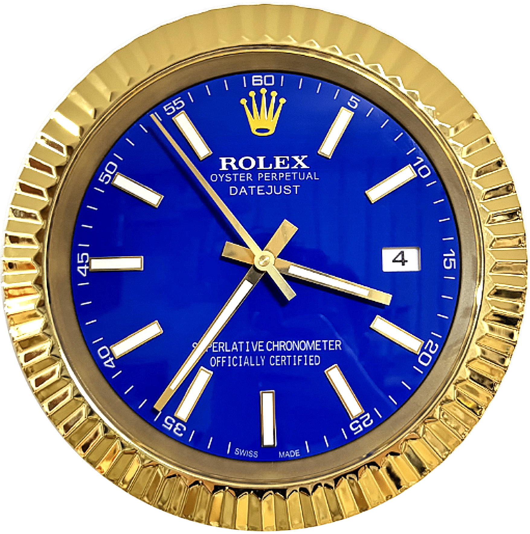 Close-up of a Rolex Oyster Perpetual Datejust watch face with a blue dial, gold hour markers, and a fluted gold bezel, showing the date as 4 and the time as approximately 3:37:55.