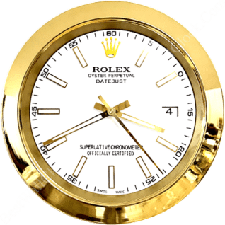 Gold Rolex Oyster Perpetual Datejust watch face with white background, gold hour markers and hands, date display, and the text "Rolex Oyster Perpetual Datejust Superlative Chronometer Officially Certified Swiss Made"