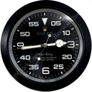 Black round clock with white numerals indicating minutes and hours, displaying the brand name Rolex and model Air-King, with hour hand pointing at 3 and minute hand pointing at 9.