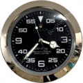 Round Rolex Air-King wall clock with black face, white numerals and markers, silver and white hands, gold outer rim, and