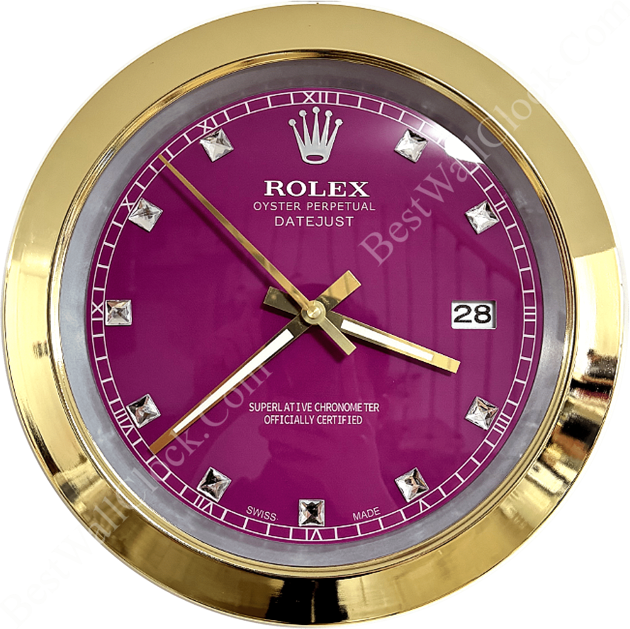 Rolex well clock showing a gold-framed purple dial with diamond hour markers and date window at 3 o'clock.