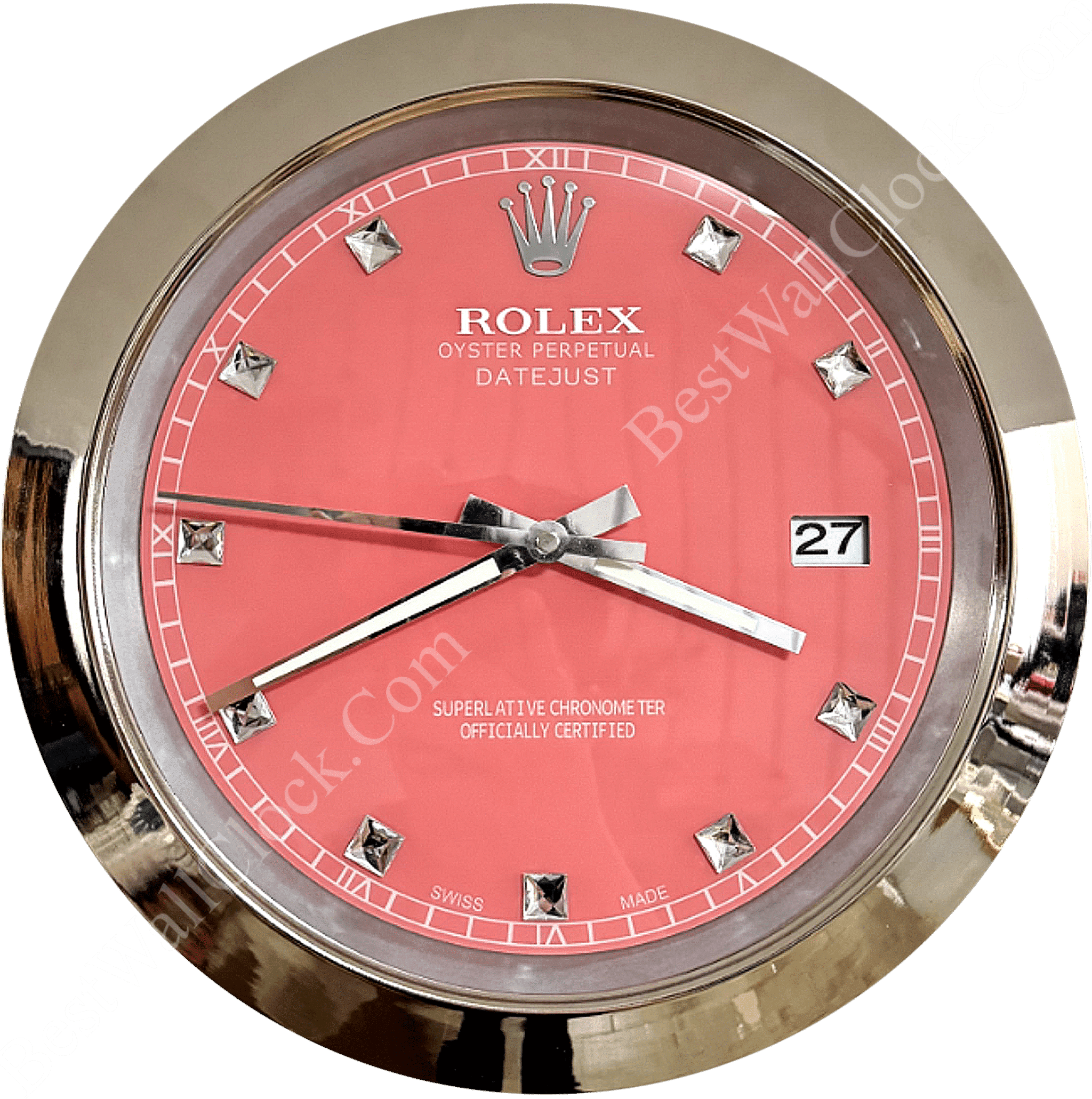 rolex well clock circular wall clock with a pink dial, silver hour markers shaped as small pyramids, silver hands, and a metal frame
