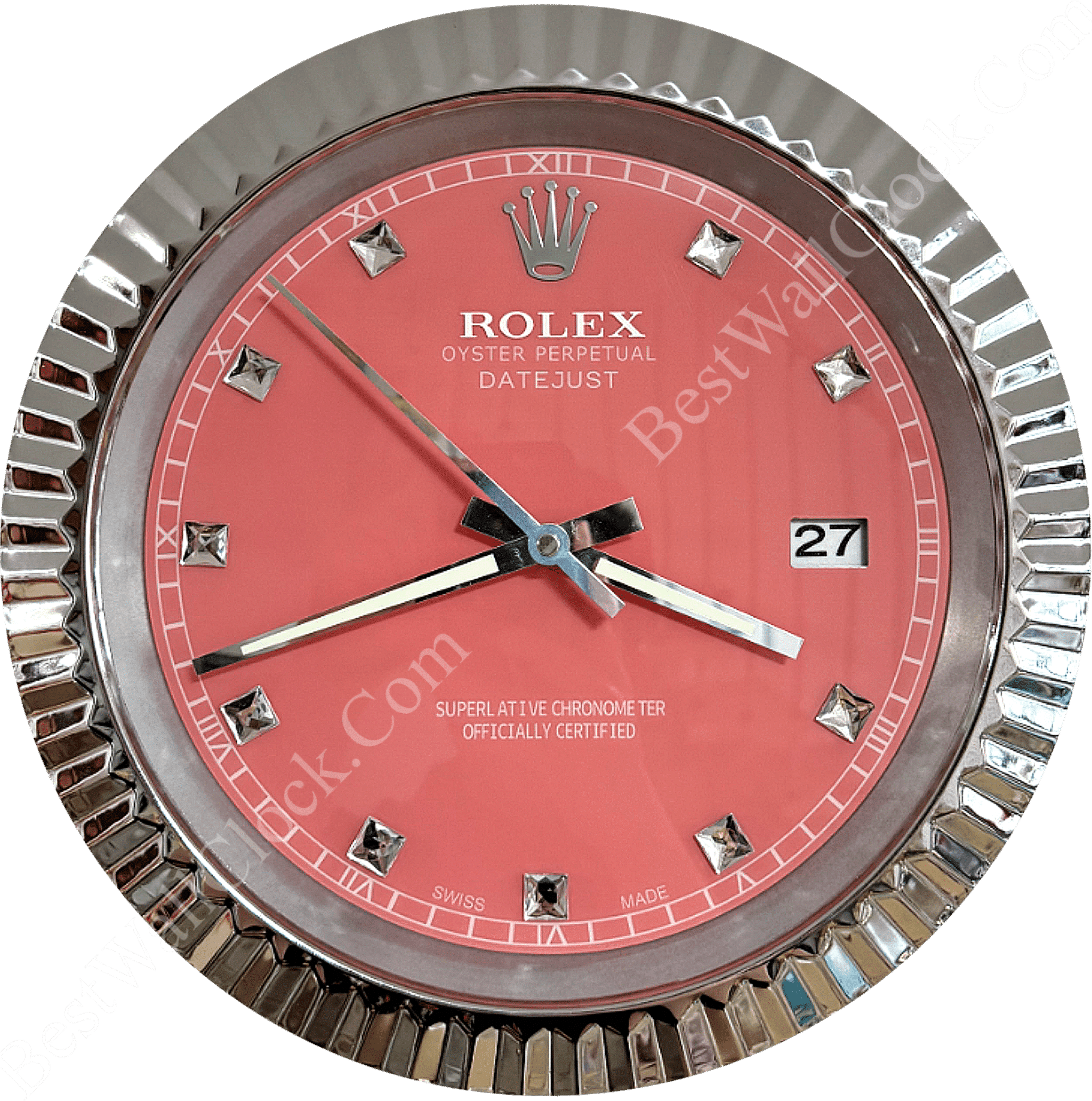 rolex well clock showing a close-up of a silver-framed wall clock with a pink dial, silver diamond-shaped hour markers, and a date display at 3 o'clock
