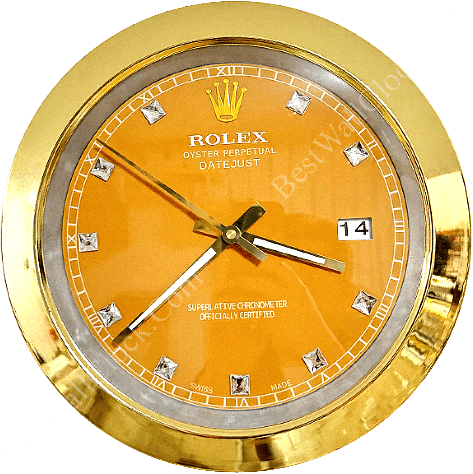 Gold-framed Rolex Oyster Perpetual Datejust clock with an orange face, diamond hour markers, date display showing 14, and gold hour, minute, and second hands.