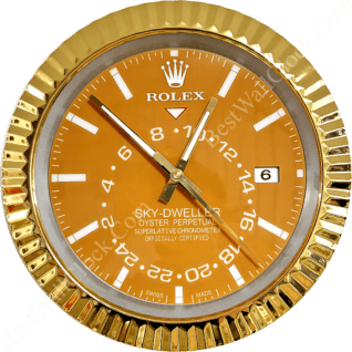 Round gold and orange Rolex Sky-Dweller Oyster Perpetual wall clock with white hour markers, gold rim, and date window showing number 6