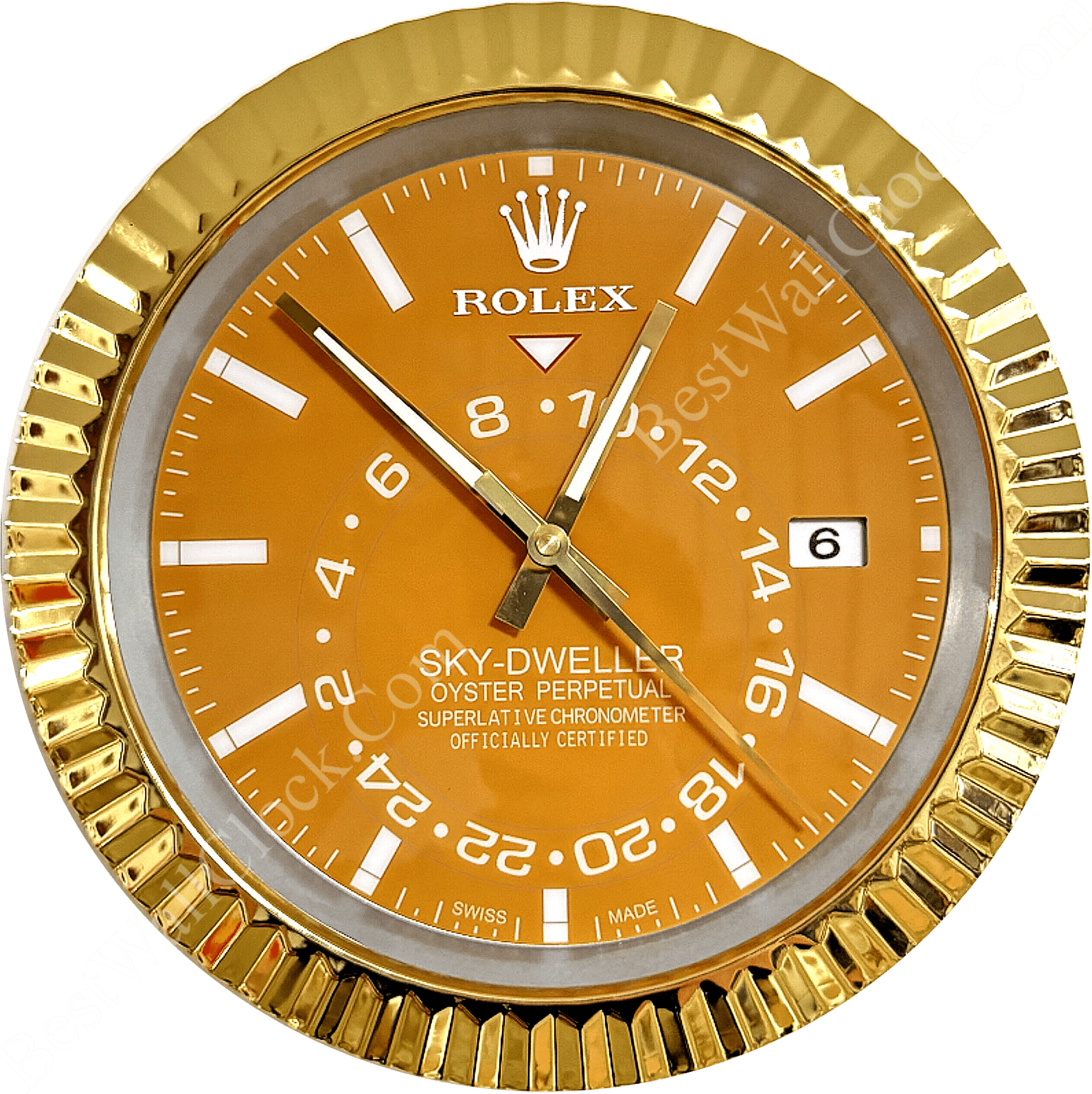 Round gold and orange Rolex Sky-Dweller Oyster Perpetual wall clock with white hour markers, gold rim, and date window showing number 6