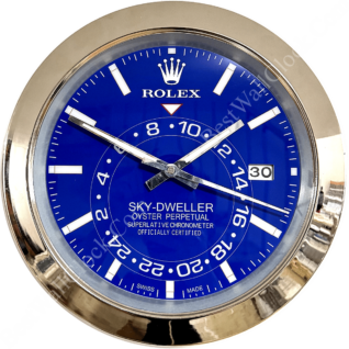 Close-up of a round Rolex Sky-Dweller watch with a blue dial, white hour markers, silver hands, date window showing 30, and a silver bezel.
