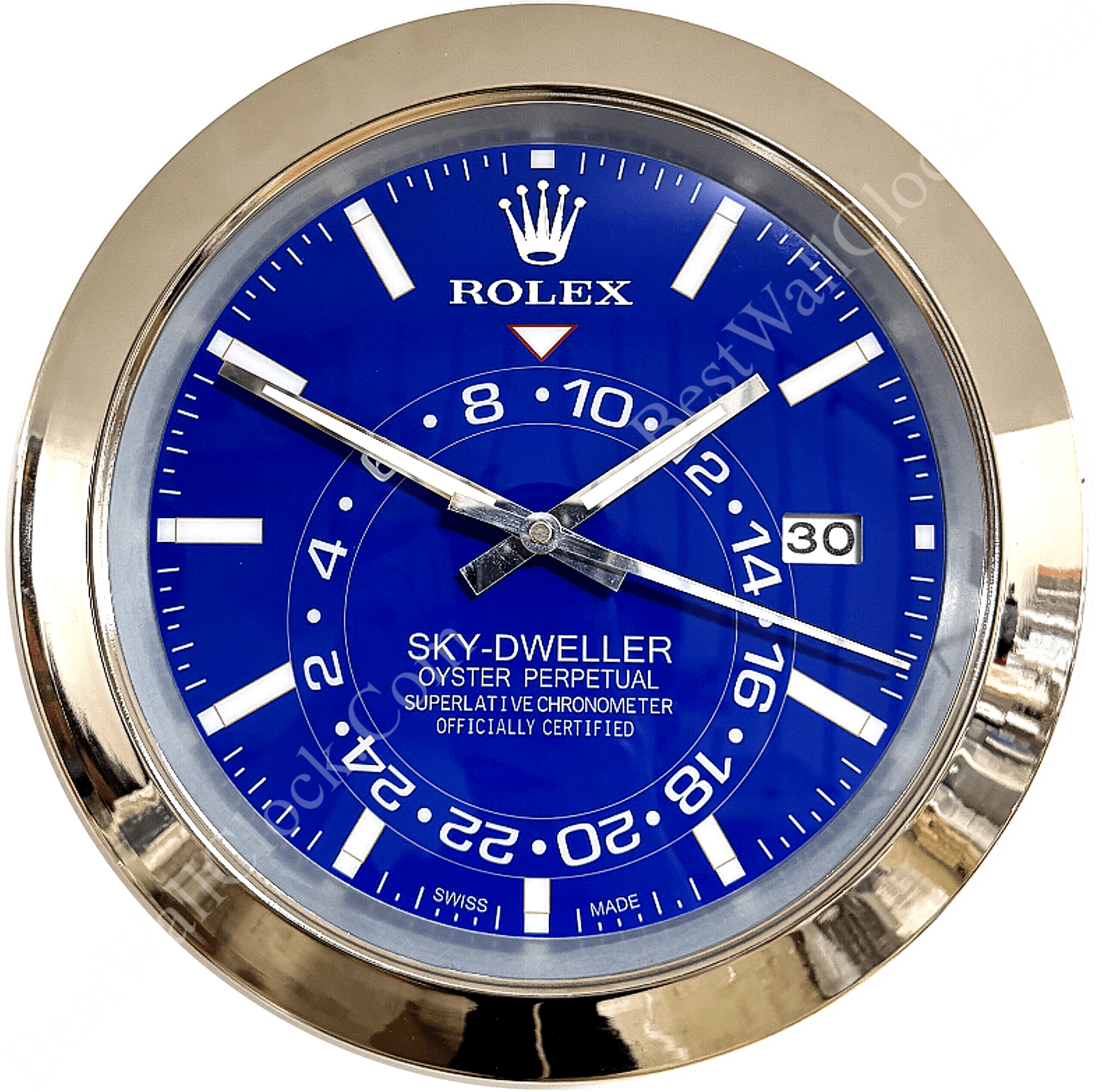 Close-up of a round Rolex Sky-Dweller watch with a blue dial, white hour markers, silver hands, date window showing 30, and a silver bezel.