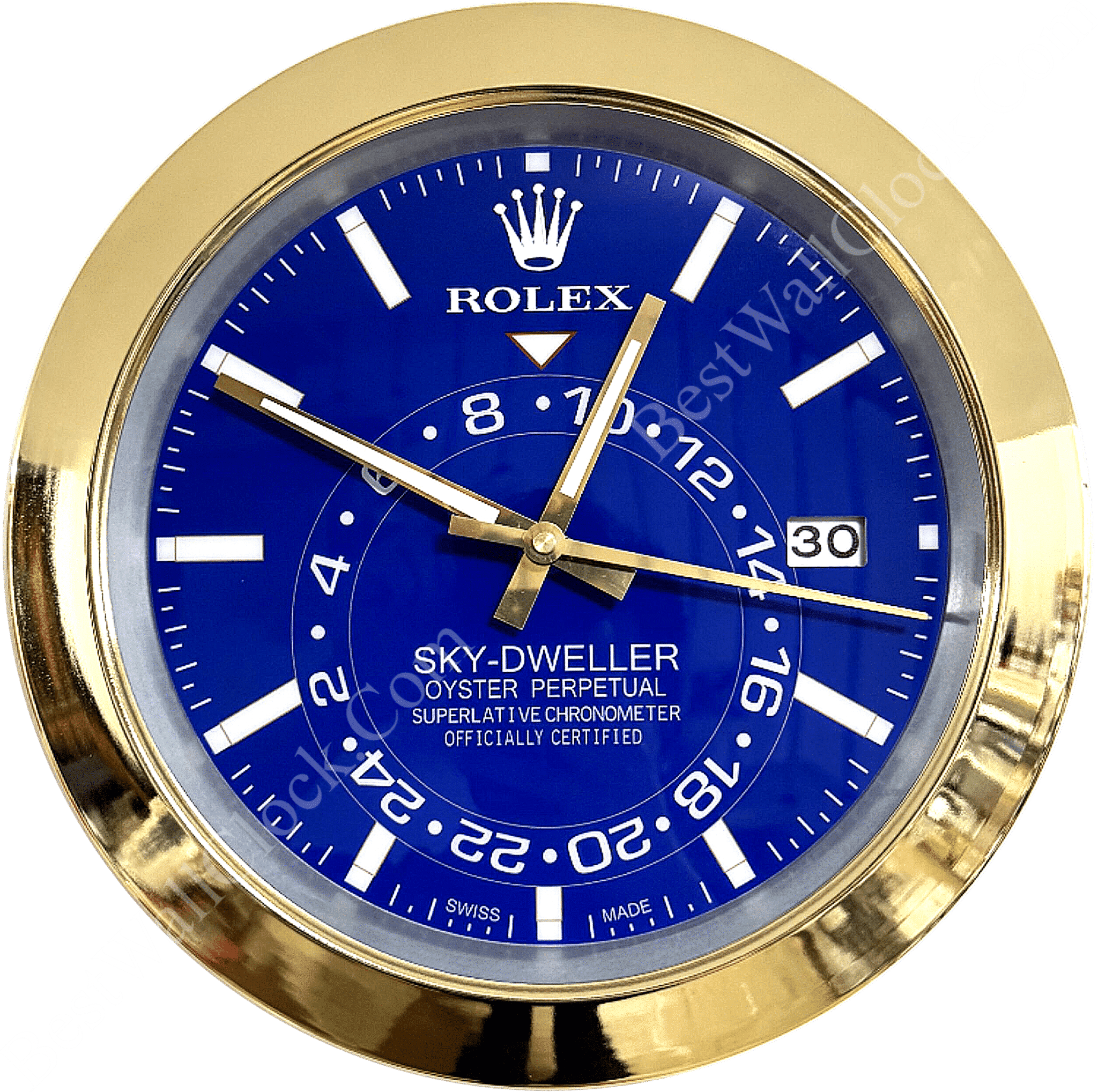 Round gold Rolex Sky-Dweller wall clock with a deep blue face, white hour markers, and gold hands showing the time 12:48:20, featuring a date window at 3 o'clock and the text Sky-Dweller Oyster Perpetual Superlative Chronometer Officially Certified at the centre.