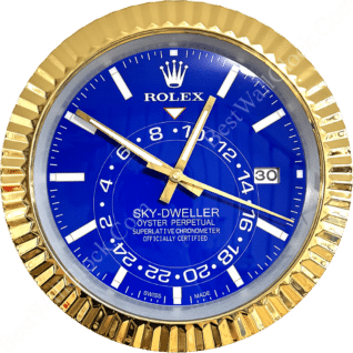 Rolex Sky-Dweller wall clock with a blue face, gold-tone fluted bezel, white hour markers, gold hands, and a date window showing 30 at the 3 o'clock position