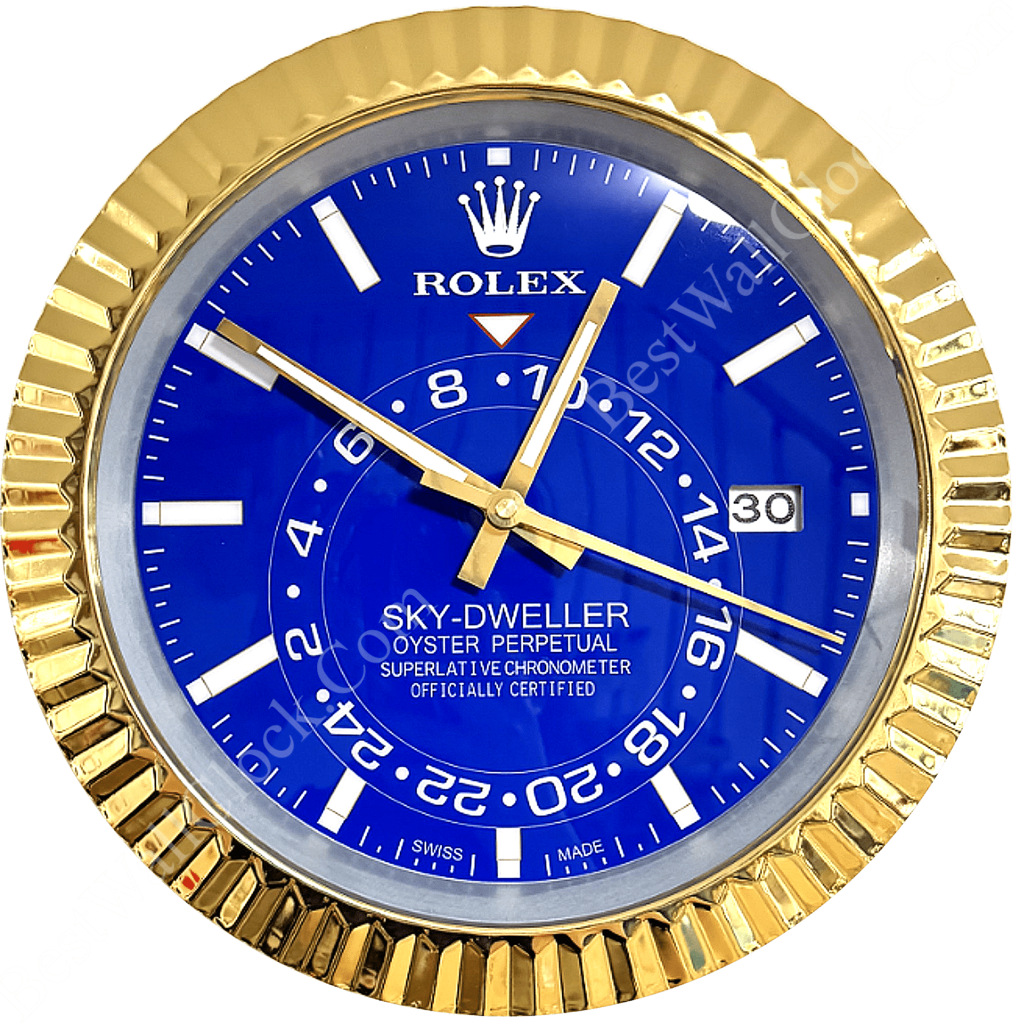 Rolex Sky-Dweller wall clock with a blue face, gold-tone fluted bezel, white hour markers, gold hands, and a date window showing 30 at the 3 o'clock position