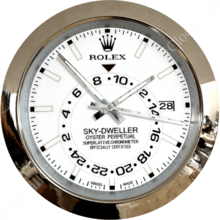 Round Rolex Sky-Dweller watch face with white dial, silver hour markers, and black and silver hands, showing the date as 28 and featuring a 24-hour inner ring and the text "Rolex Sky-Dweller Oyster Perpetual Superlative Chronometer Officially Certified."