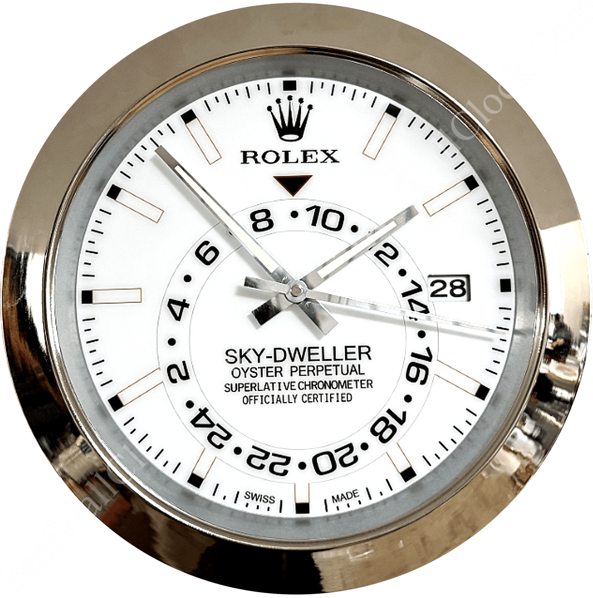 Round Rolex Sky-Dweller watch face with white dial, silver hour markers, and black and silver hands, showing the date as 28 and featuring a 24-hour inner ring and the text "Rolex Sky-Dweller Oyster Perpetual Superlative Chronometer Officially Certified."
