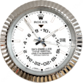 Close-up of a Rolex Sky-Dweller Oyster Perpetual watch face with white dial, silver bezel, and black hour markers, displaying the date as 28 and various time markings including a 24-hour inner ring.