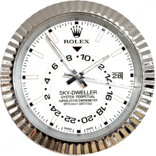 Close-up of a Rolex Sky-Dweller Oyster Perpetual watch face with white dial, silver bezel, and black hour markers, displaying the date as 28 and various time markings including a 24-hour inner ring.
