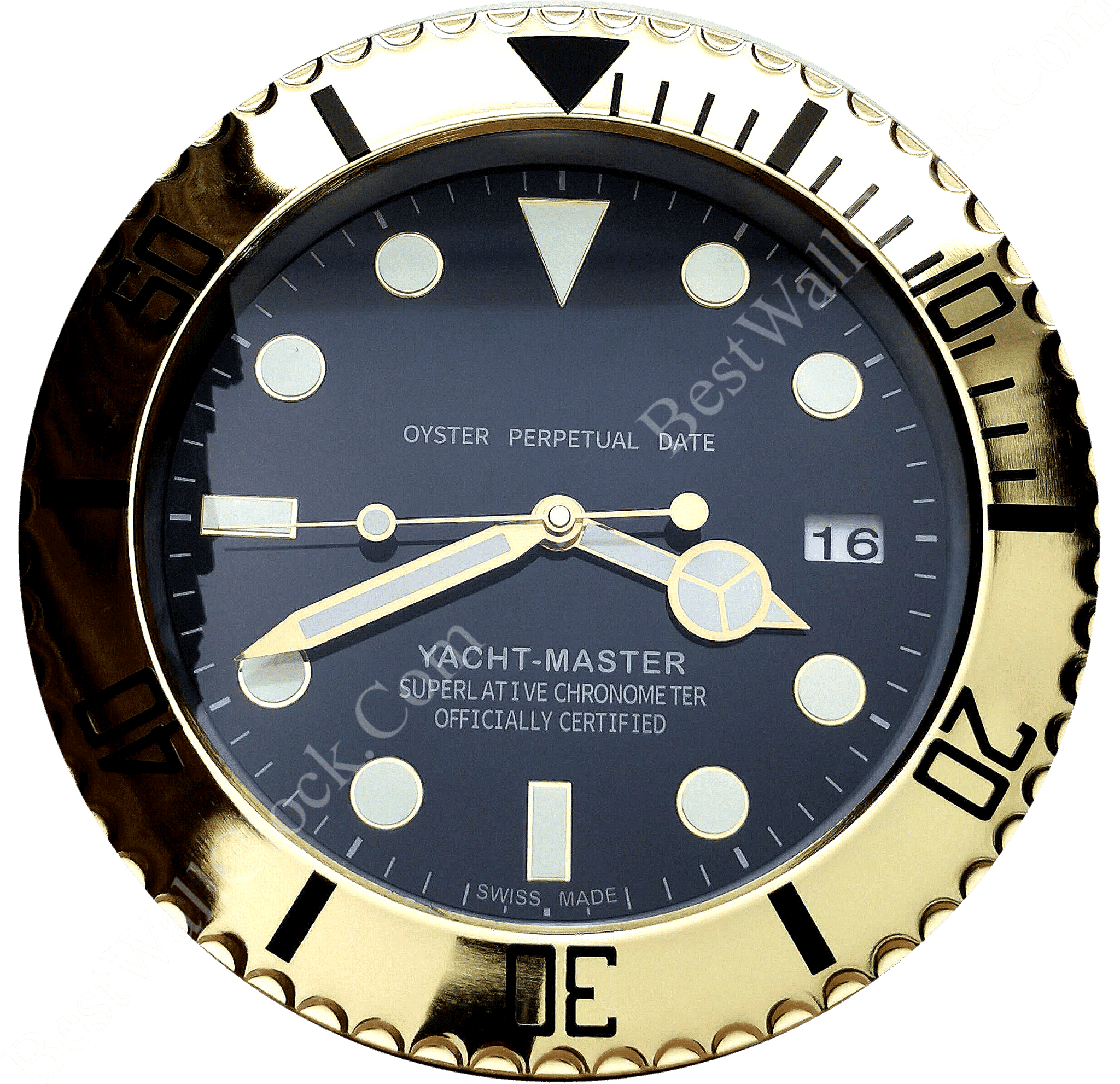 Close-up of a Rolex Yacht-Master watch face with black dial, gold bezel marked with minute indicators, luminescent hour markers and hands, date display at 3 o'clock showing the number 16, and text reading Oyster Perpetual Date, Yacht-Master, Superlative Chronometer Officially Certified, Swiss Made.