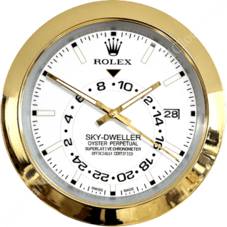 Close-up of a Rolex Sky-Dweller Oyster Perpetual wall clock with a white dial, gold-tone hour and minute hands, and a gold bezel, displaying the date as 28 and featuring a 24-hour inner ring.