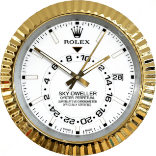 Close-up of a Rolex Sky-Dweller Oyster Perpetual watch face with gold bezel, white dial, black and gold hour markers, and three gold hands showing the time 01:53:05, including a date window displaying the number 28 and a 24-hour inner ring.