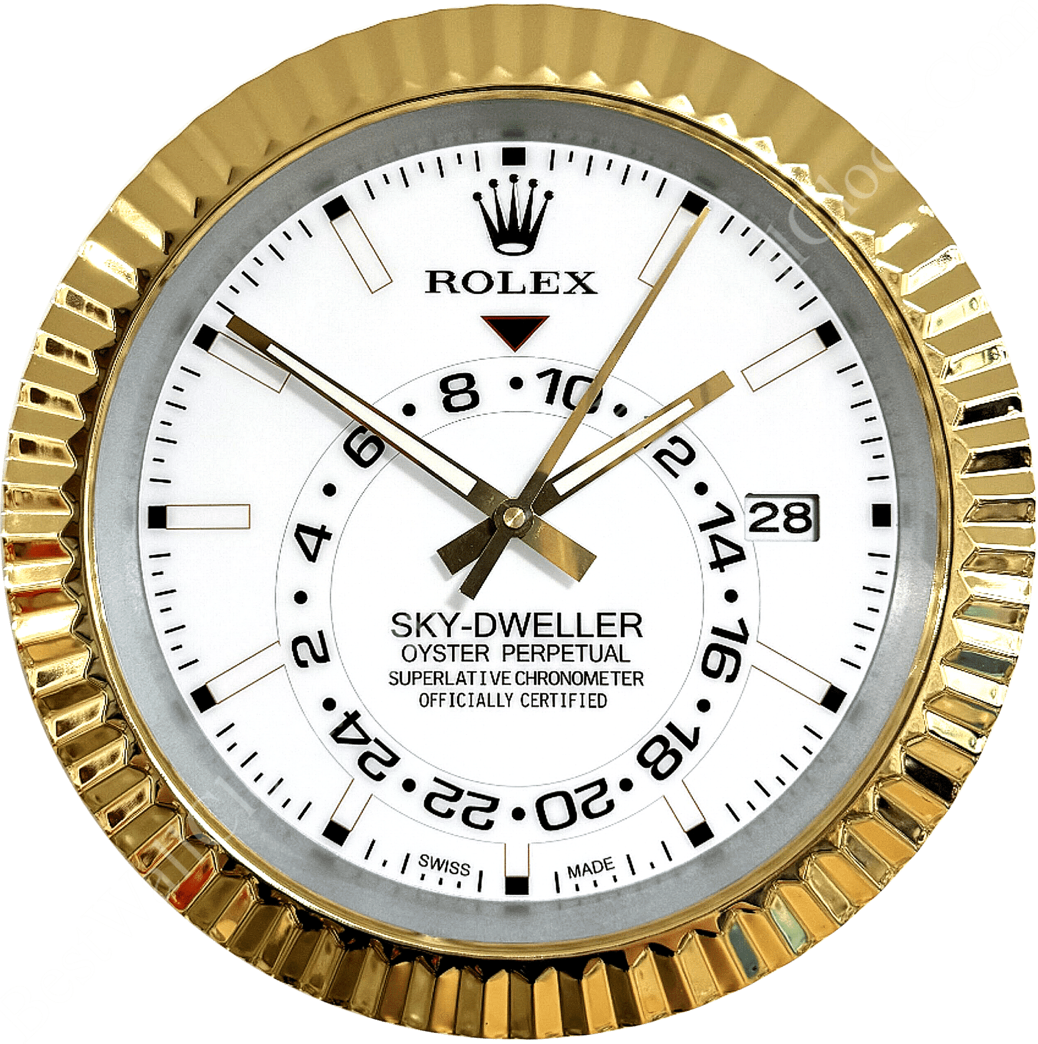 Close-up of a Rolex Sky-Dweller Oyster Perpetual watch face with gold bezel, white dial, black and gold hour markers, and three gold hands showing the time 01:53:05, including a date window displaying the number 28 and a 24-hour inner ring.