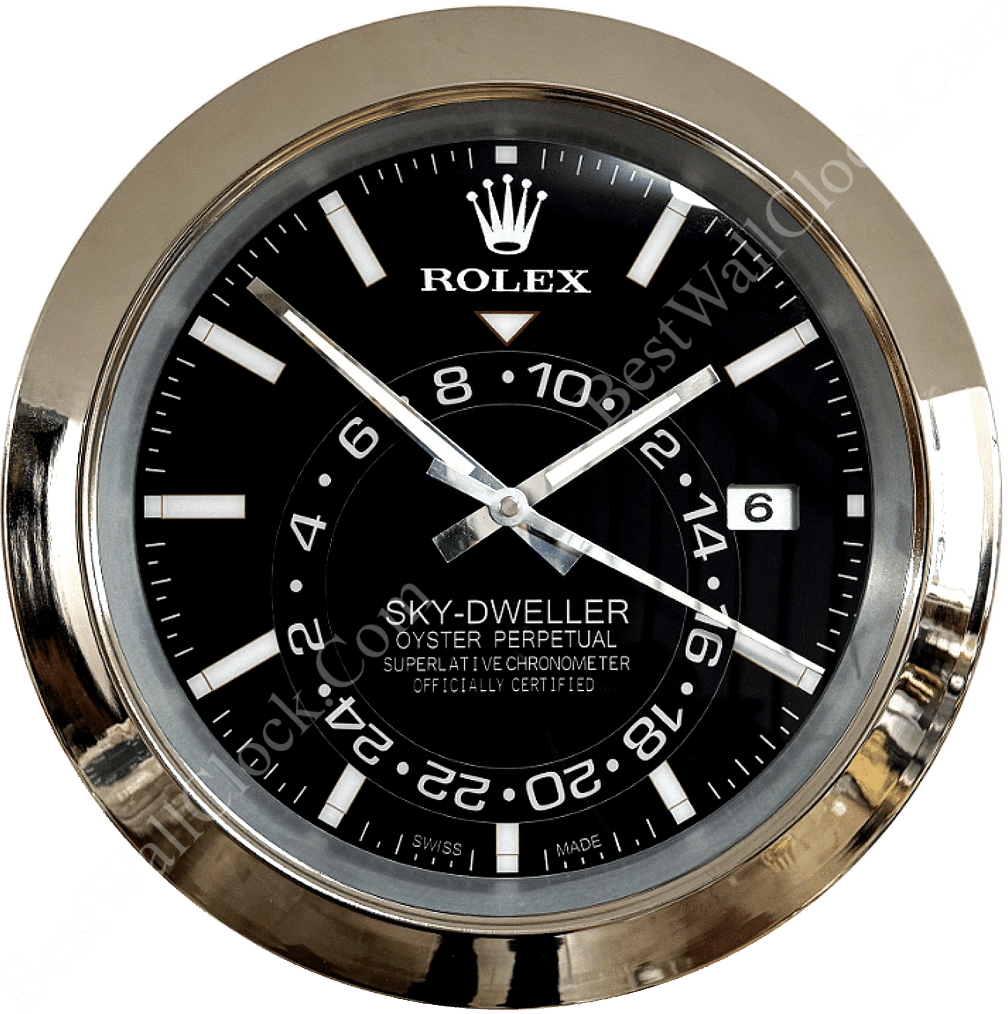 Close-up of a Rolex Sky-Dweller watch face with a black dial, white hour markers, silver hands, and a date window at 3 o'clock, surrounded by a metallic bezel.