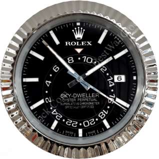 Rolex Sky-Dweller watch face with black dial, silver hour markers, date window at 3 o'clock, and a prominent silver fluted bezel.