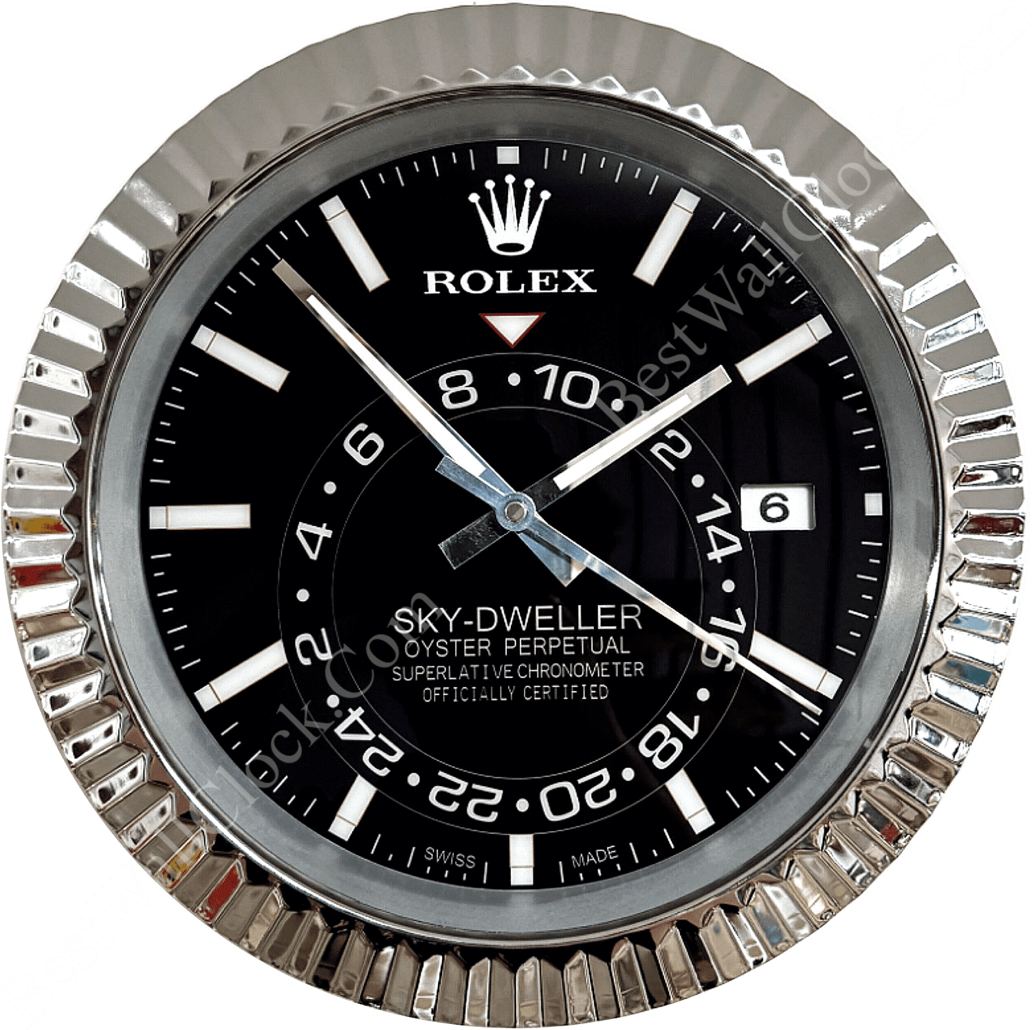 Rolex Sky-Dweller watch face with black dial, silver hour markers, date window at 3 o'clock, and a prominent silver fluted bezel.