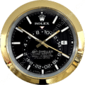 Circular gold-framed Rolex Sky-Dweller clock with black face, white hour markers, date display at 3 o'clock, and gold hour, minute, and second hands showing 10:49:20.