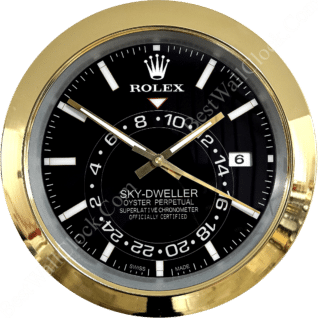 Circular gold-framed Rolex Sky-Dweller clock with black face, white hour markers, date display at 3 o'clock, and gold hour, minute, and second hands showing 10:49:20.