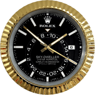 Close-up of a Rolex Sky-Dweller Oyster Perpetual watch face with a black dial, gold bezel, white hour markers, and date display showing the 6th, with three gold hands indicating approximately 10:55:20.