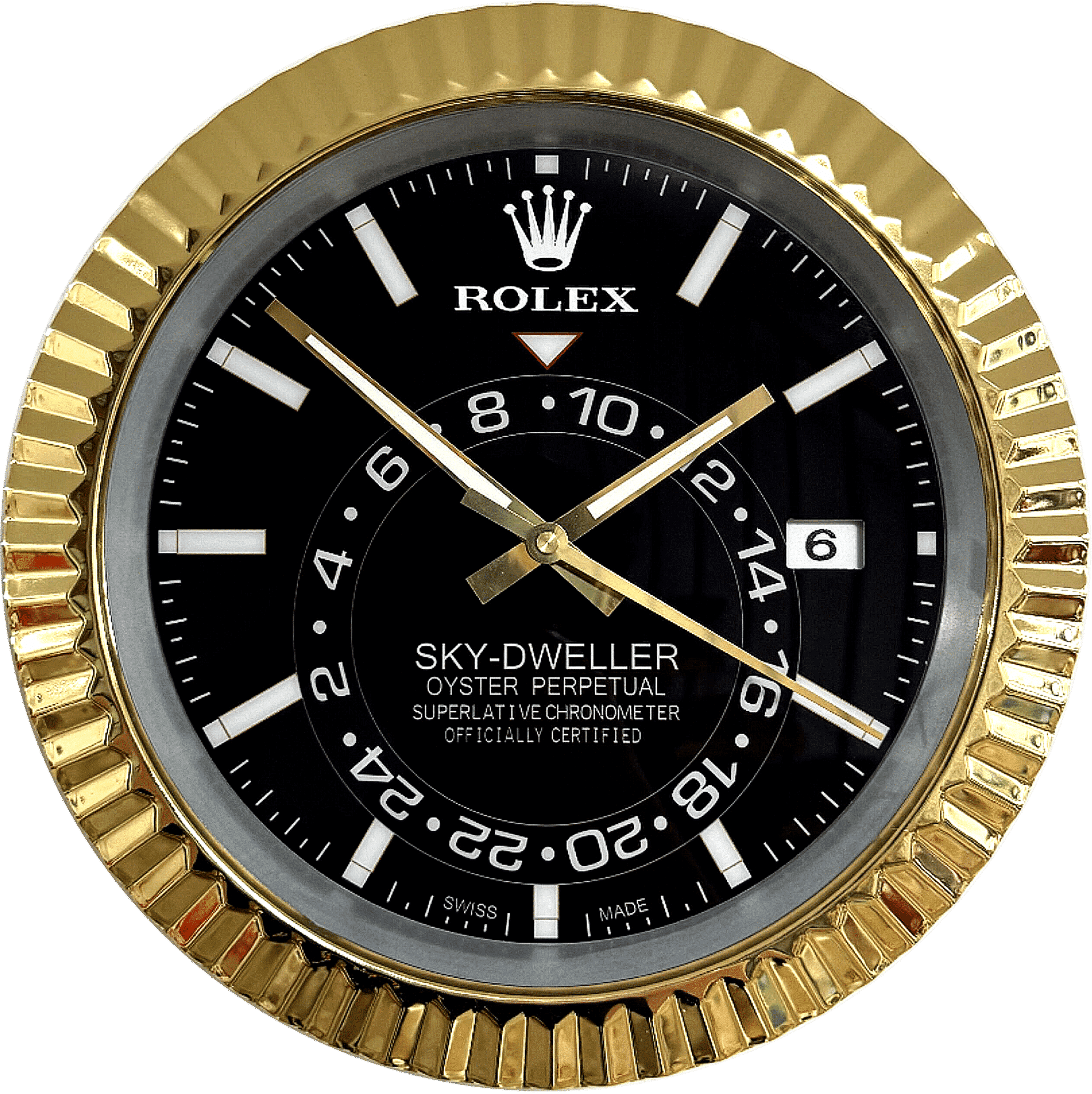 Close-up of a Rolex Sky-Dweller Oyster Perpetual watch face with a black dial, gold bezel, white hour markers, and date display showing the 6th, with three gold hands indicating approximately 10:55:20.