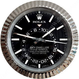 Close-up of a Rolex Sky-Dweller Oyster Perpetual watch face with a black dial, white hour markers, and a fluted silver bezel, showing the time as 11:06:17.