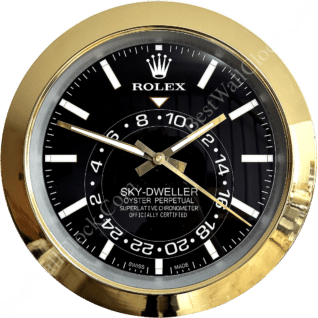 Rolex Sky-Dweller clock with black dial, white hour markers, gold frame and hands, showing time at 10:52:19