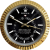 Close-up of a Rolex Sky-Dweller wall clock with a black dial, white hour markers, gold bezel, and gold hour, minute, and second hands indicating the time 10:50:18, featuring a 24-hour inner ring and the text Sky-Dweller Oyster Perpetual Superlative Chronometer Officially Certified on the dial.