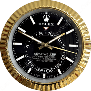 Close-up of a Rolex Sky-Dweller wall clock with a black dial, white hour markers, gold bezel, and gold hour, minute, and second hands indicating the time 10:50:18, featuring a 24-hour inner ring and the text Sky-Dweller Oyster Perpetual Superlative Chronometer Officially Certified on the dial.