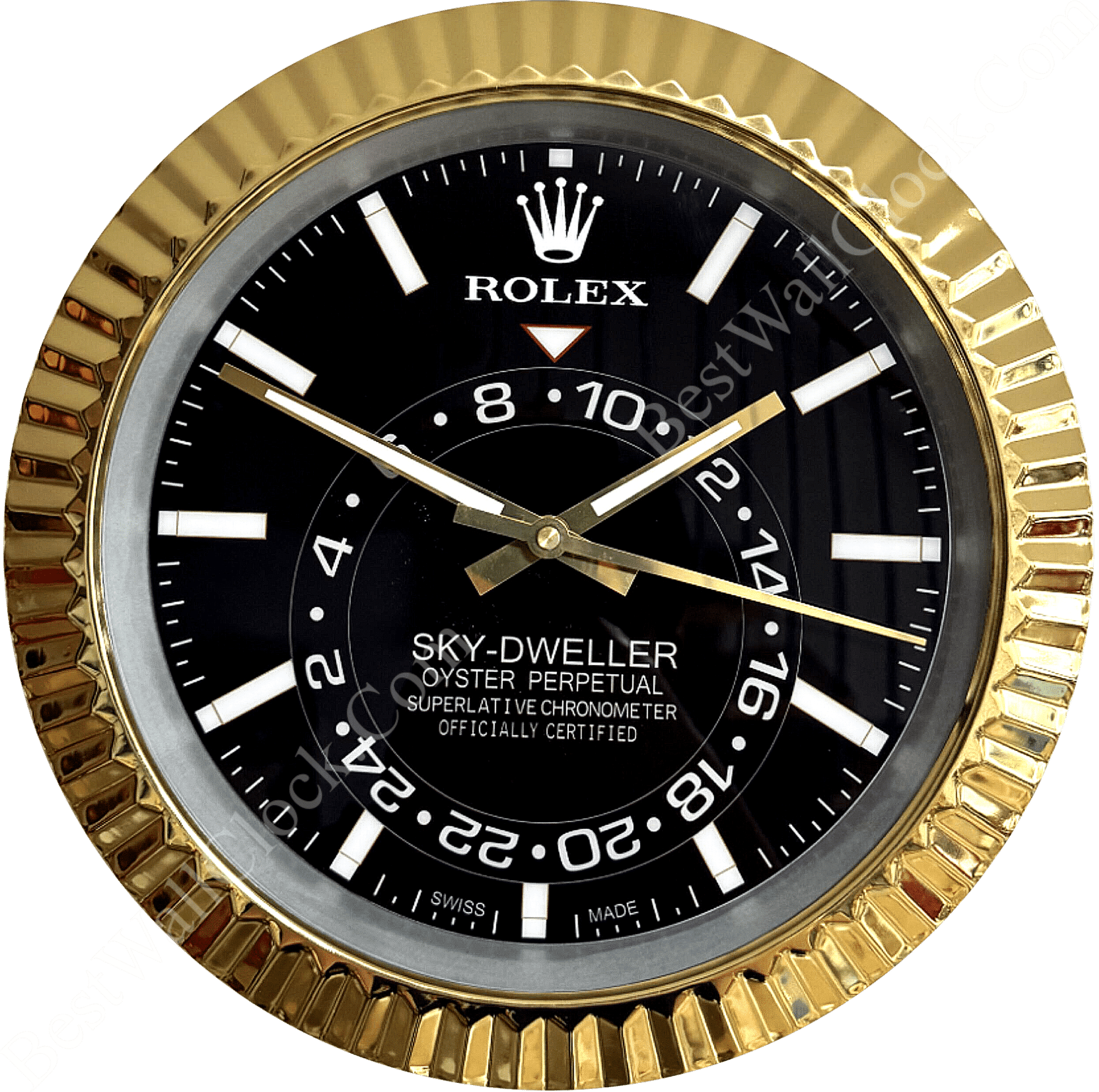 Close-up of a Rolex Sky-Dweller wall clock with a black dial, white hour markers, gold bezel, and gold hour, minute, and second hands indicating the time 10:50:18, featuring a 24-hour inner ring and the text Sky-Dweller Oyster Perpetual Superlative Chronometer Officially Certified on the dial.