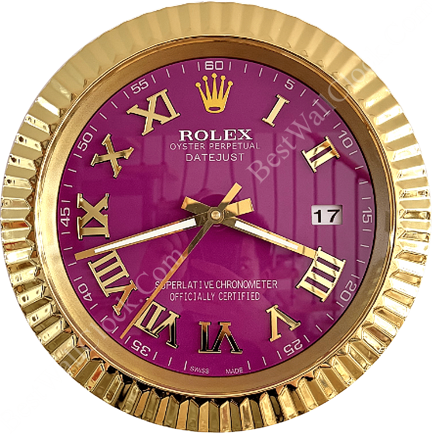 Close-up of a Rolex Oyster Perpetual Datejust watch face with a purple dial, gold Roman numeral hour markers, gold hands, and a gold fluted bezel, showing the date as 17.