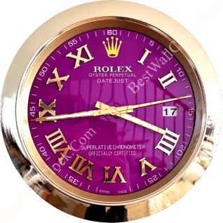 Close-up of a round Rolex Datejust clock with a gold frame, purple dial, gold Roman numerals, and gold hands showing the time as 8:44:14, featuring a date window displaying 17 and text indicating "Rolex Oyster Perpetual Datejust" and "Superlative Chronometer Officially Certified".