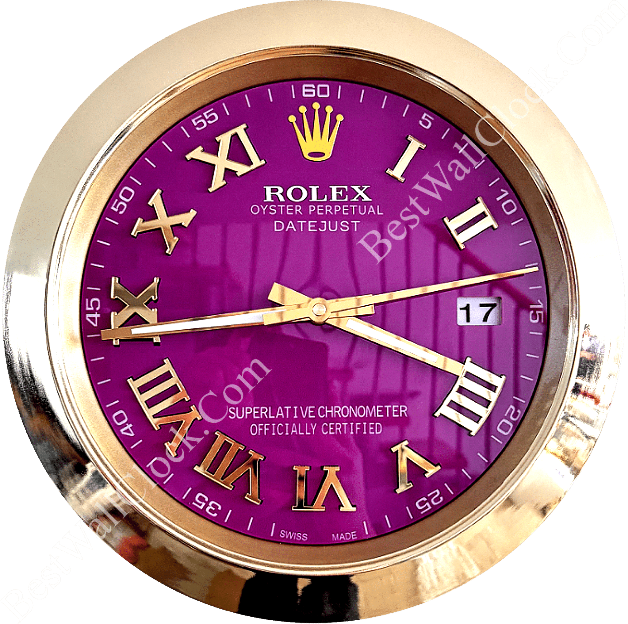Close-up of a round Rolex Datejust clock with a gold frame, purple dial, gold Roman numerals, and gold hands showing the time as 8:44:14, featuring a date window displaying 17 and text indicating "Rolex Oyster Perpetual Datejust" and "Superlative Chronometer Officially Certified".