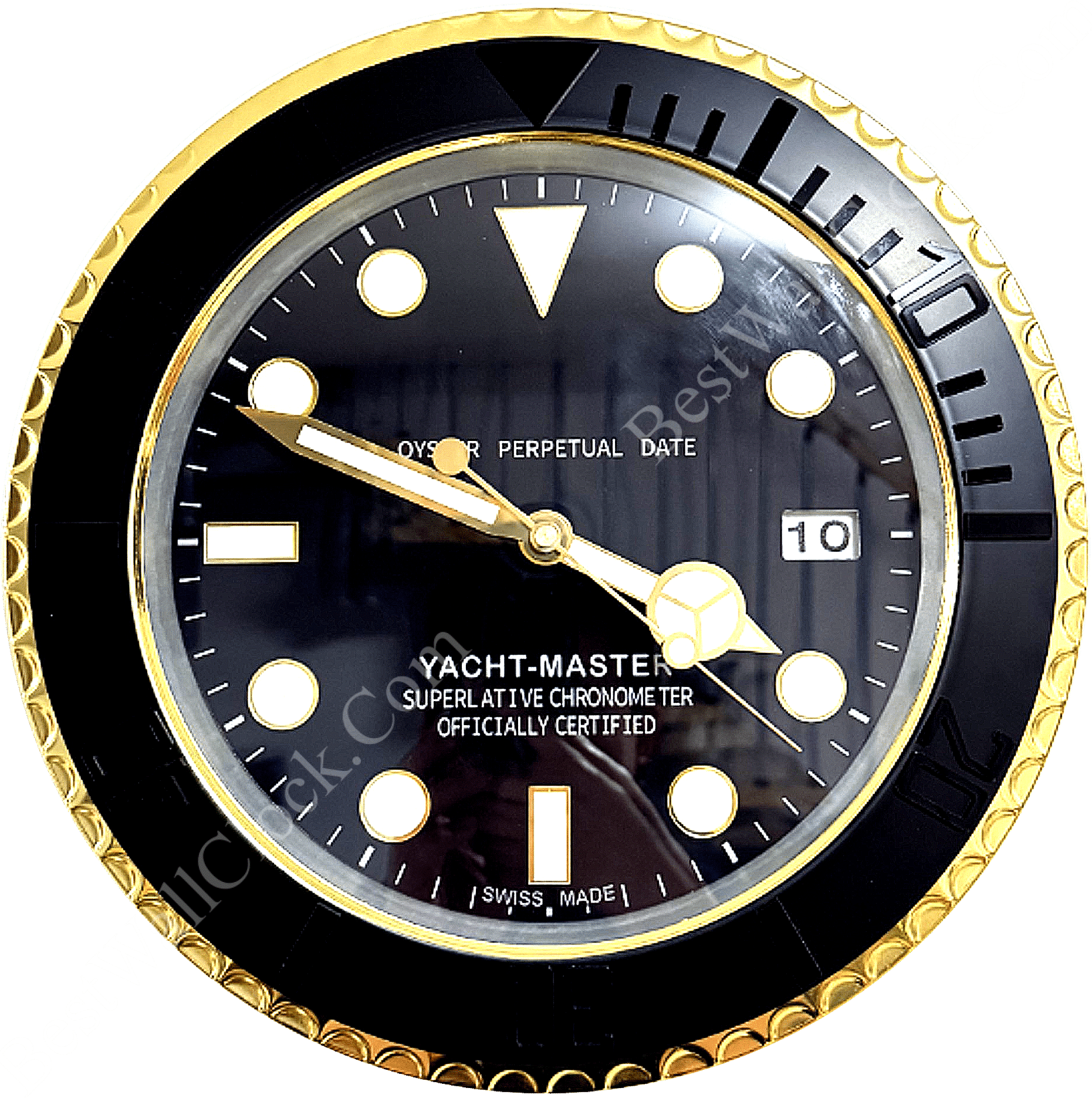 Close-up of a black and gold Rolex Yacht-Master watch face showing the time at 9:22 with a date window displaying the number 10 and prominent hour markers and hands.